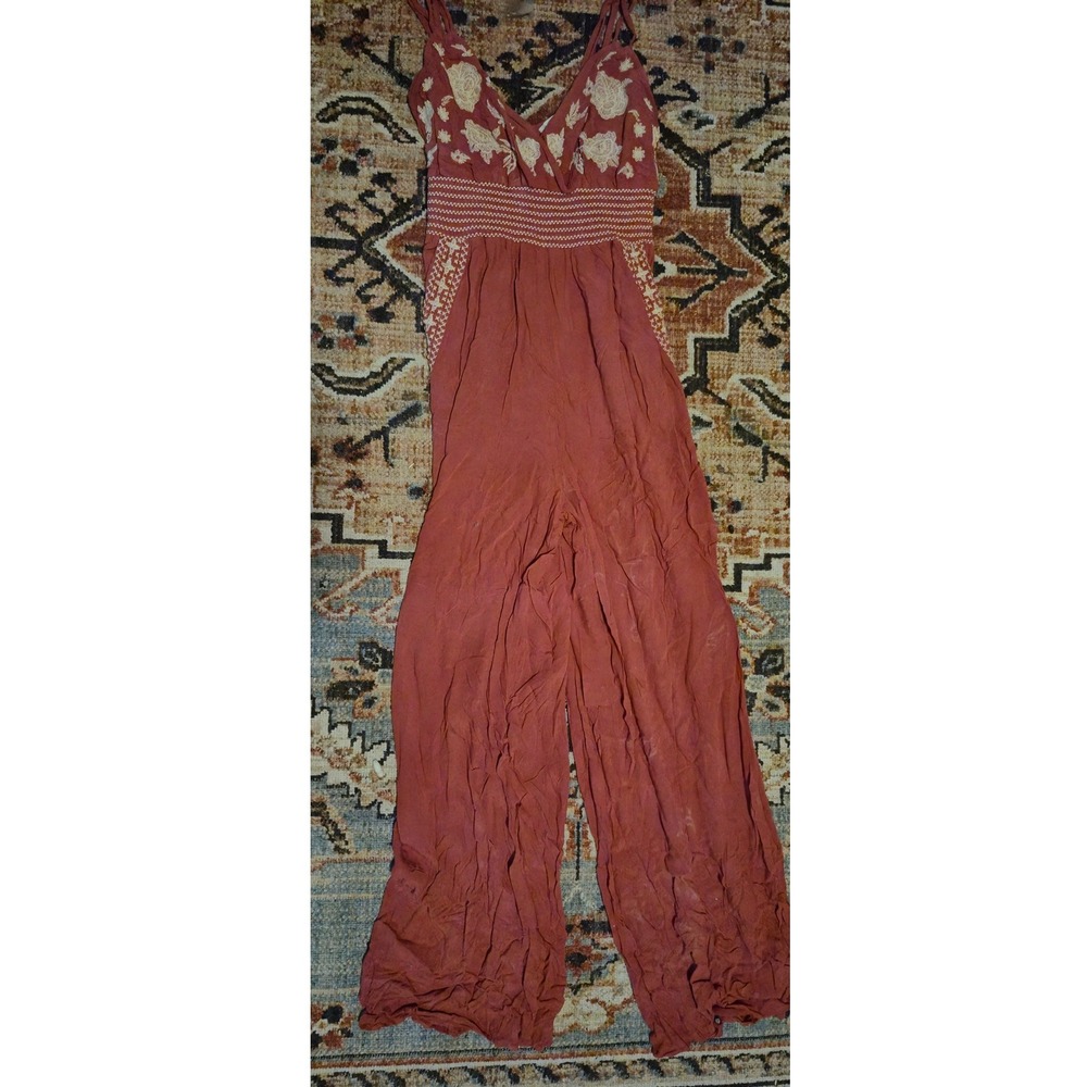 American Eagle Embroidered Smocked Wide Leg Jumpsuit Rust Terracotta‎ Boho Small